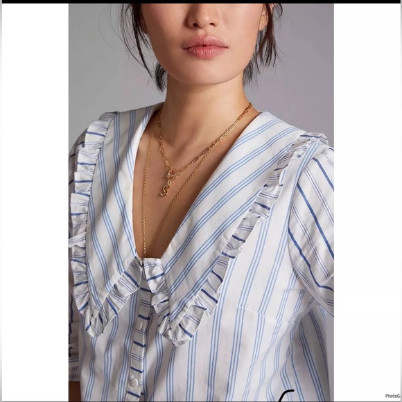 Anthropologie / Maeve / Ruffled Collar Striped Buttondown Blouse Top / size 14 - Picture 4 of 12